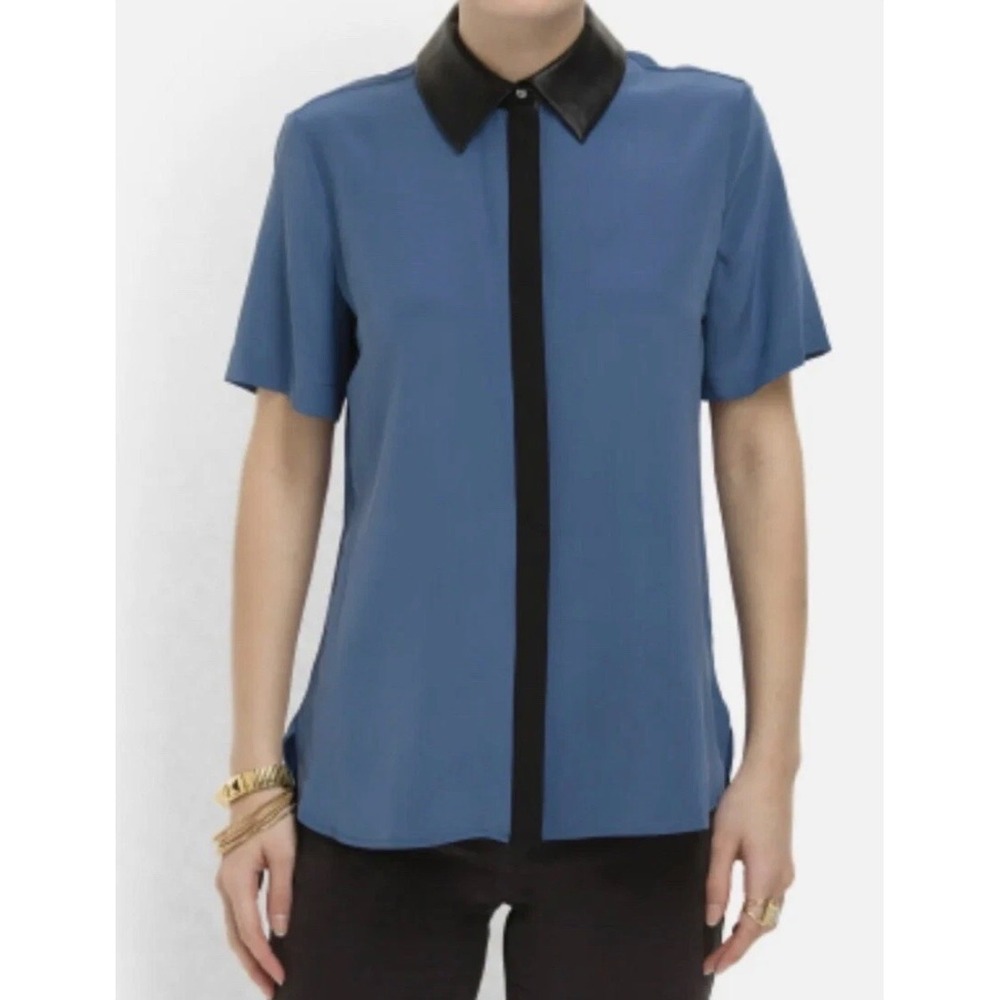 Chaiken Silk Boy Shirt Slate Blue Black Leather Collar Short Sleeve Blouse 6